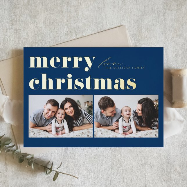 Blue Retro Typography Merry Christmas Two Photo Foil Holiday Card (Creator Uploaded)