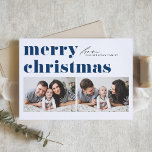 Blue Retro Typography Merry Christmas Two Photo Holiday Card<br><div class="desc">Merry Christmas! Send your Christmas greetings to family and friends with this customisable photo Christmas card. It features retro bold typography. Personalise by adding your details. This custom Christmas card is available on other cardstock. Matching items are available.</div>