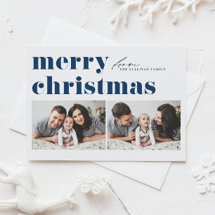 Blue Retro Typography Merry Christmas Two Photo Holiday Postcard