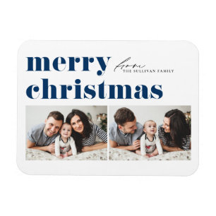 Blue Retro Typography Merry Christmas Two Photo Magnet