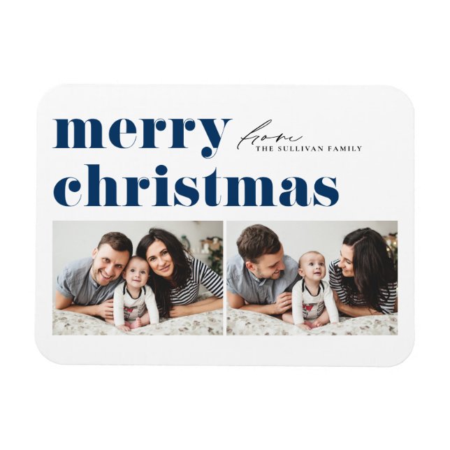 Blue Retro Typography Merry Christmas Two Photo Magnet (Horizontal)