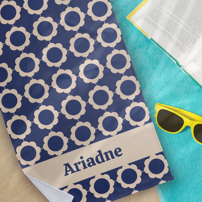 Blue Retro Vibe Flower Pattern Monogram Beach Towel (Creator Uploaded)