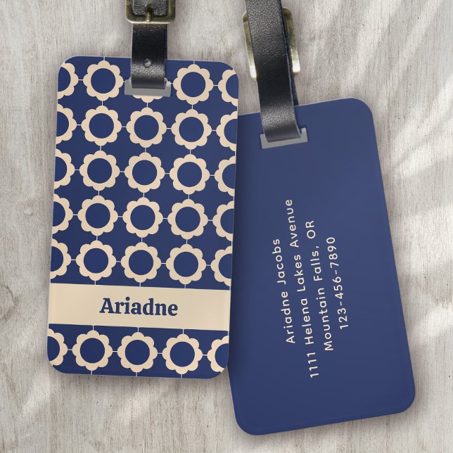 Blue Retro Vibe Flower Pattern Monogram Luggage Tag (Creator Uploaded)