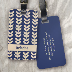 Blue Retro Vibe Leaf Pattern Monogram Luggage Tag