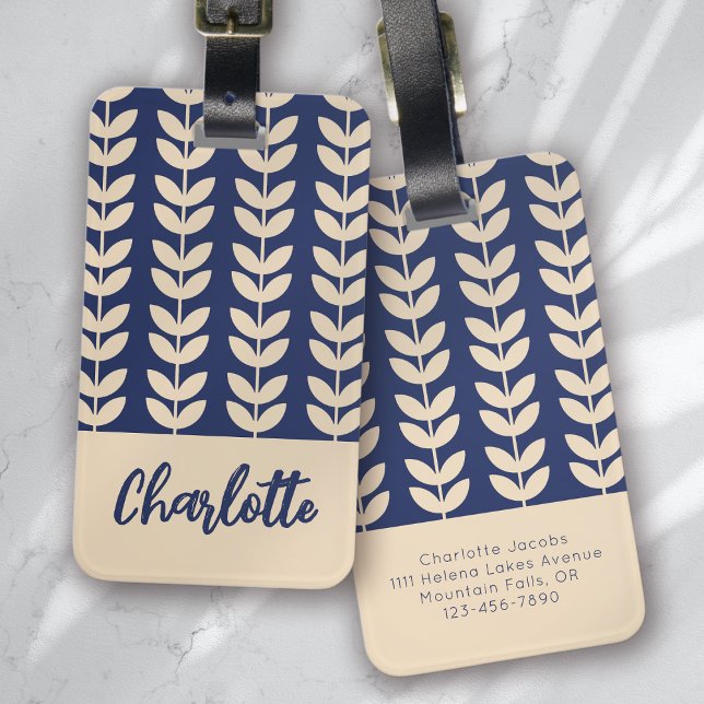 Blue Retro Vibe Leaf Pattern Monogram Luggage Tag (Creator Uploaded)