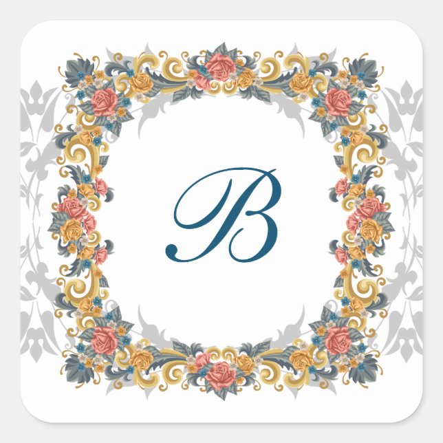 Blue Retro vintage Floral wreath Square Stickers (Front)