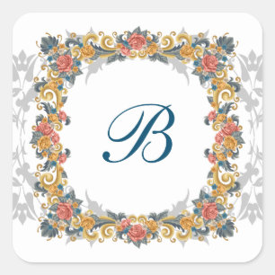 Blue Retro vintage Floral wreath Square Stickers
