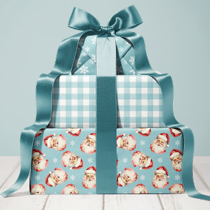 Blue Retro Vintage Santa Christmas Wrapping Paper Sheet