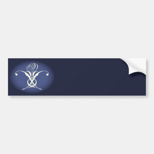 Blue Retro White Flourish Rose Bumper Sticker