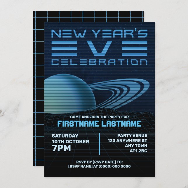 Blue Retrowave New Year Party Invitation (Front/Back)
