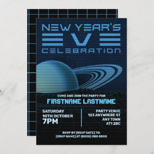 Blue Retrowave New Year Party Invitation
