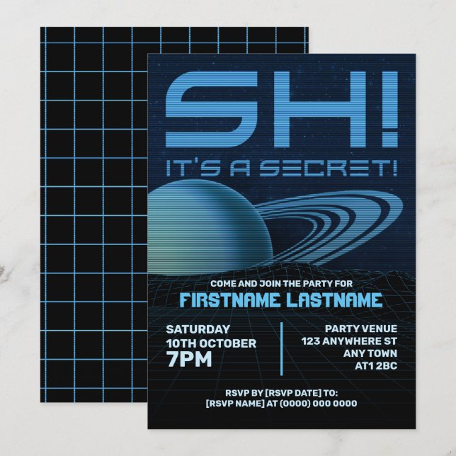 Blue Retrowave Surprise Birthday Party Invitation (Front/Back)