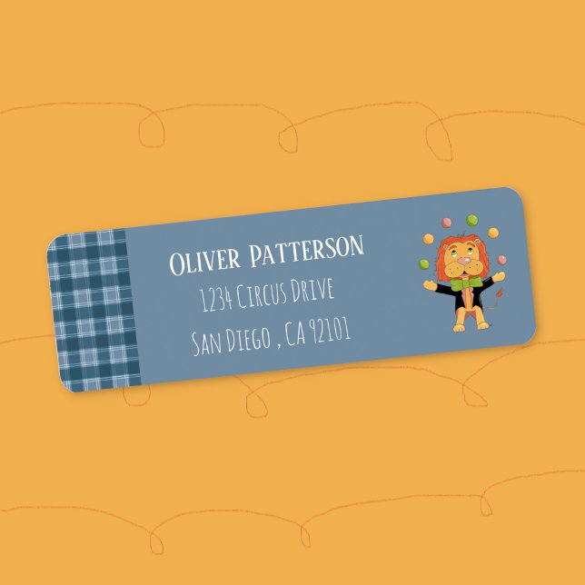 Blue Return Address Label with Circus Lion  (Cute blue return address label with a juggling lion . )