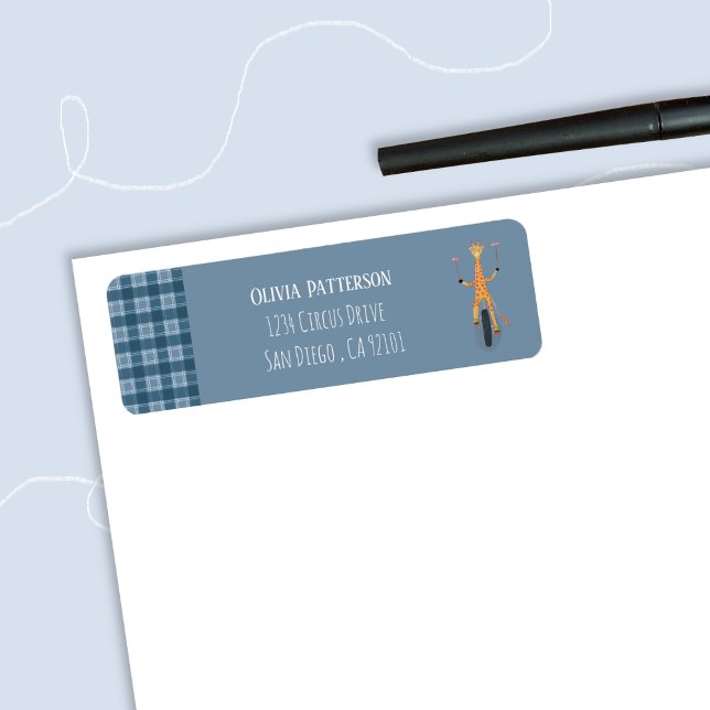 Blue Return Address Labels with Circus Giraffe (Blue return address label with an acrobat giraffe .)
