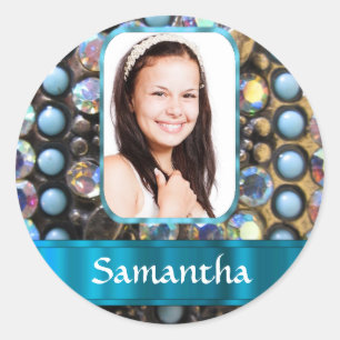 Blue rhinestone photo background classic round sticker