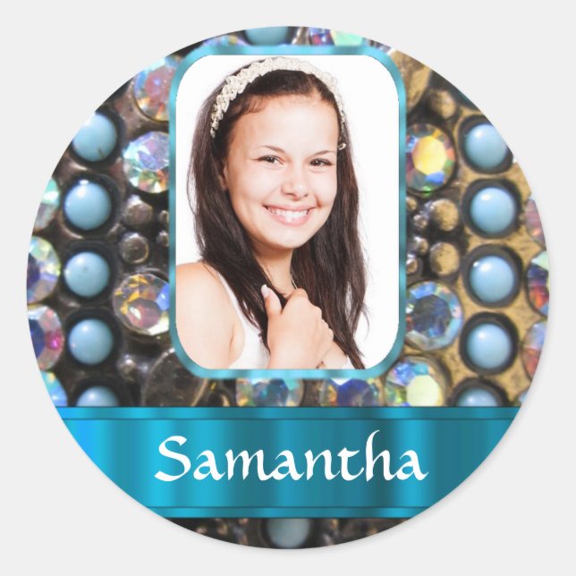 Blue rhinestone photo background classic round sticker (Front)