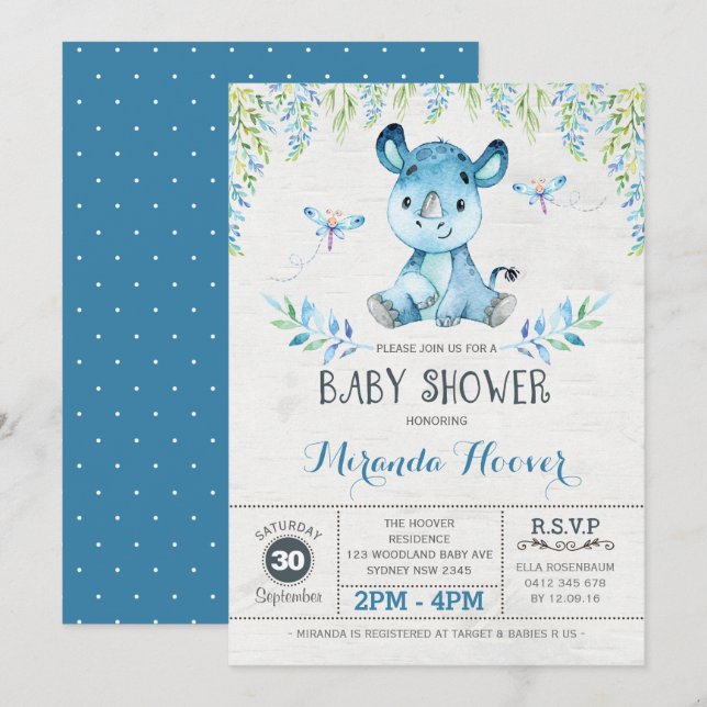 Blue Rhinoceros / Jungle Rhino Boy  Baby Shower Invitation (Front/Back)