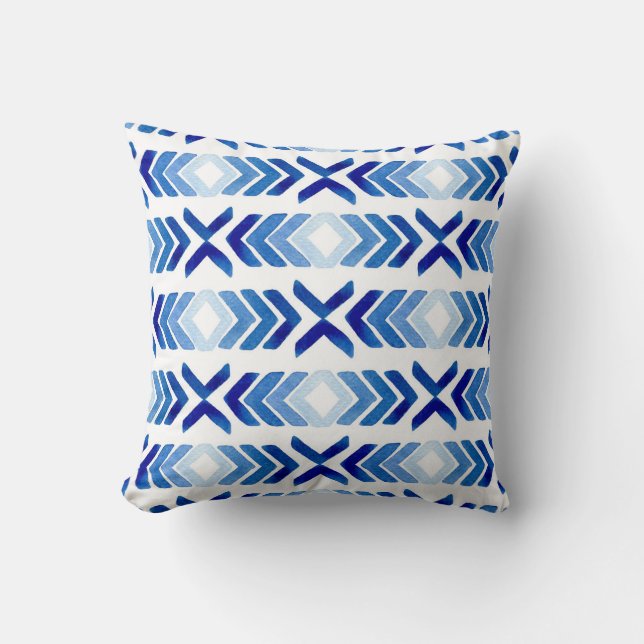 Blue Rhombus Arrows Watercolor Pattern Cushion (Front)
