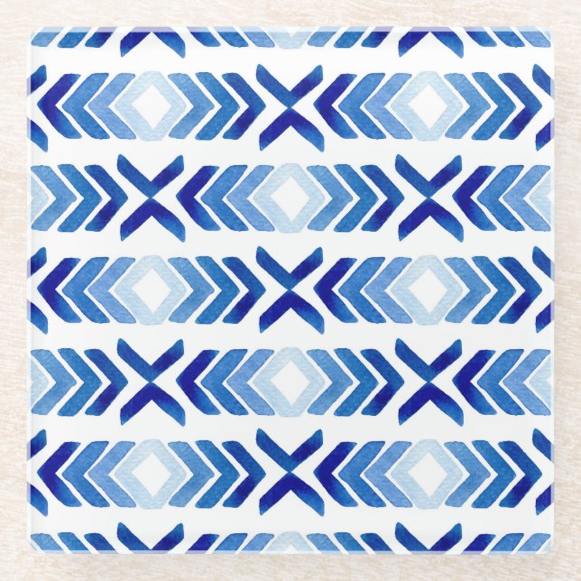 Blue Rhombus Arrows Watercolor Pattern Glass Coaster (Front)