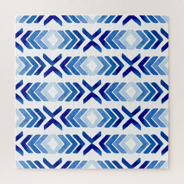 Blue Rhombus Arrows Watercolor Pattern Jigsaw Puzzle (Vertical)