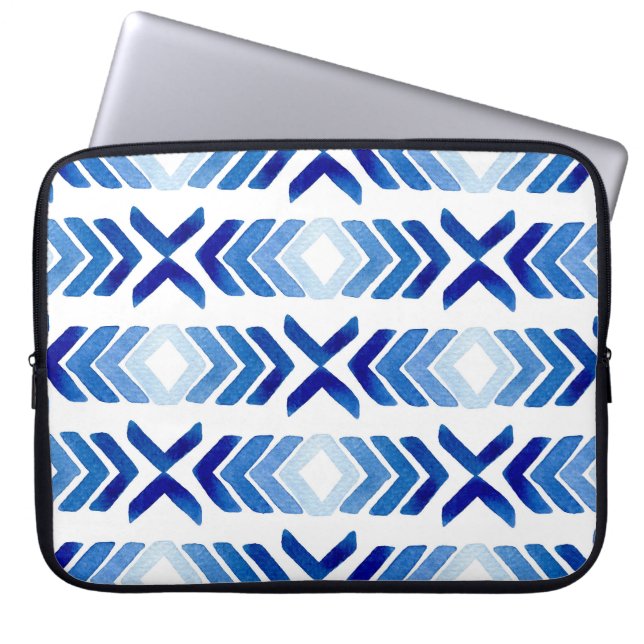 Blue Rhombus Arrows Watercolor Pattern Laptop Sleeve (Front)