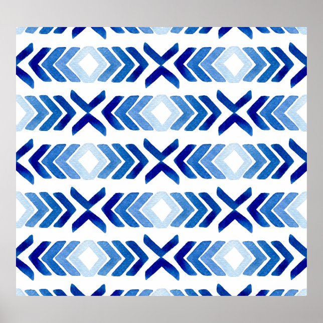 Blue Rhombus Arrows Watercolor Pattern Poster (Front)