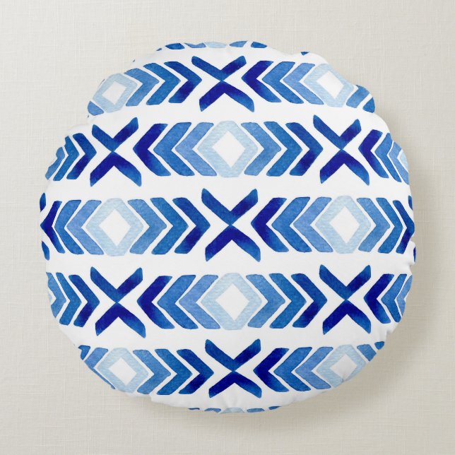 Blue Rhombus Arrows Watercolor Pattern Round Cushion (Front)