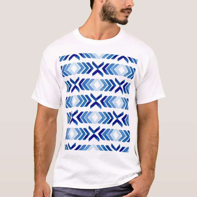 Blue Rhombus Arrows Watercolor Pattern T-Shirt (Front)