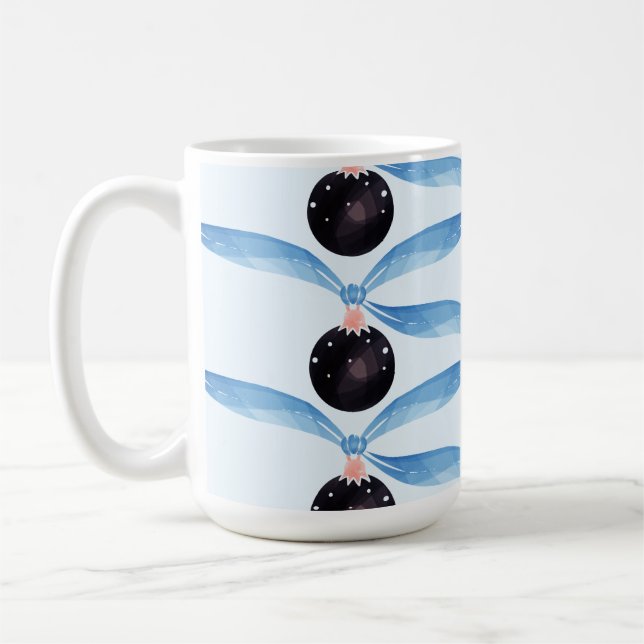 Blue Ribbon and Black Ornament Holiday Card Coffee Mug (Left)