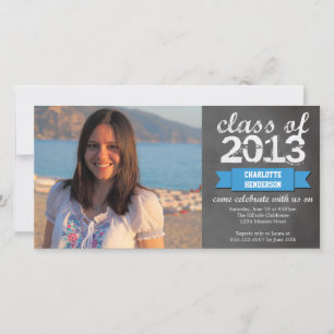 Blue ribbon banner chalkboard photo graduation announcement