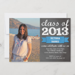 Blue ribbon banner chalkboard photo graduation invitation