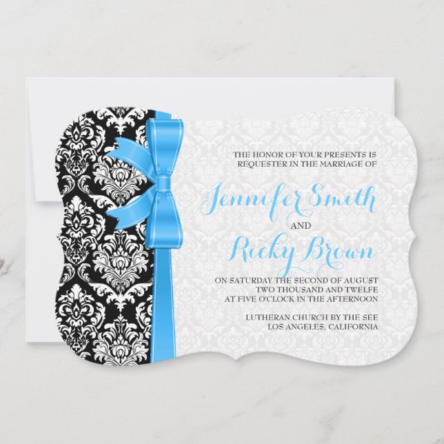Blue Ribbon Black And White Damasks Wedding Invitation (Front)