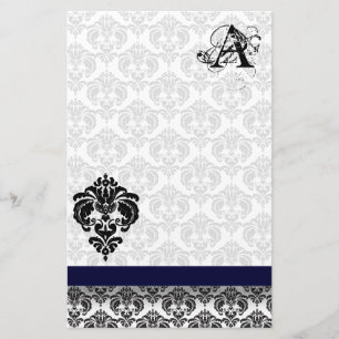 Blue Ribbon Black Damask Monogram Recycled Paper