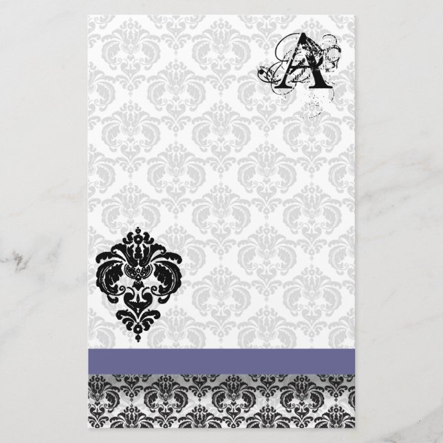 Blue Ribbon Black Damask Monogram Recycled Paper (Front)