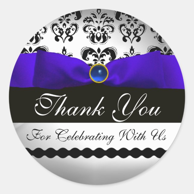 BLUE RIBBON  BLACK & WHITE DAMASK Sapphire Classic Round Sticker (Front)