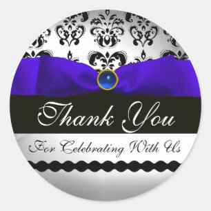 BLUE RIBBON  BLACK & WHITE DAMASK Sapphire Classic Round Sticker