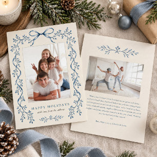 Blue Ribbon Bow Botanical Berry Photo Holiday Card