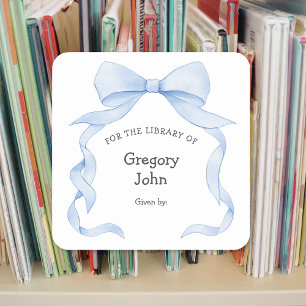 Blue Ribbon Bow boy baby shower bookplate Square Sticker