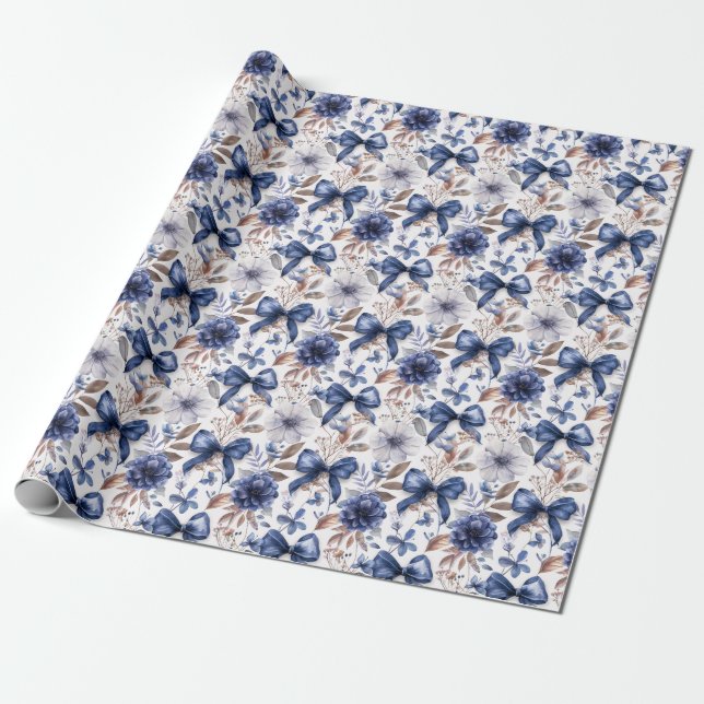 Blue Ribbon Bow Coquette Aesthetic Grandmillennial Wrapping Paper (Unrolled)