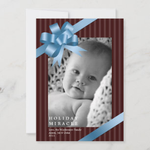 Blue ribbon bow frame holiday miracle baby first card