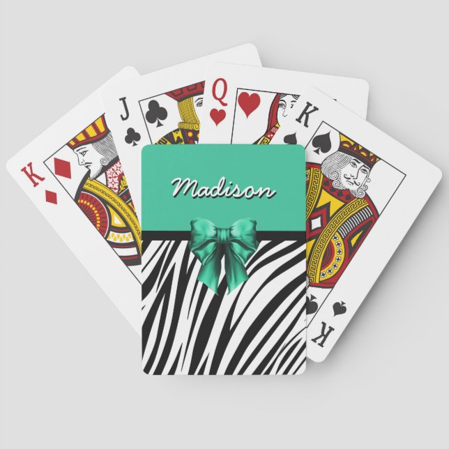 Blue Ribbon Bow Zebra Print Playing Cards (Back)