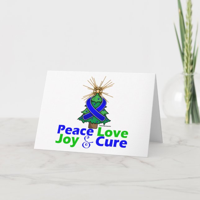 Blue Ribbon Christmas Peace Love, Joy & Cure Holiday Card (Front)