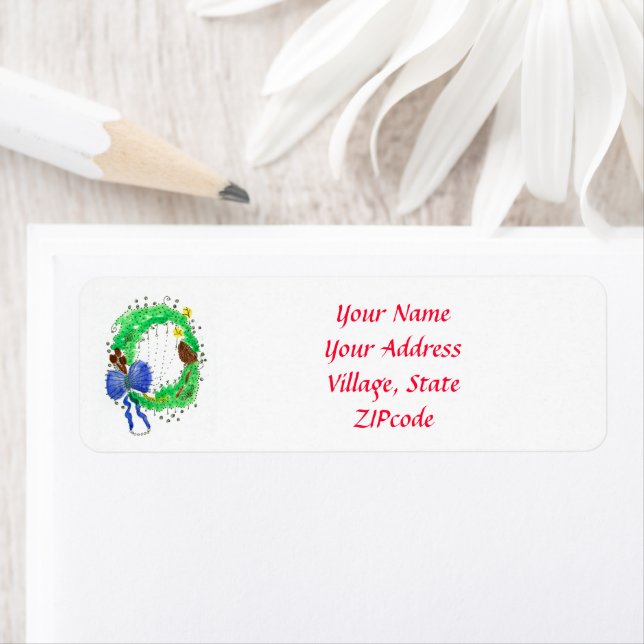 Blue Ribbon Christmas Wreath Return Address (Insitu)
