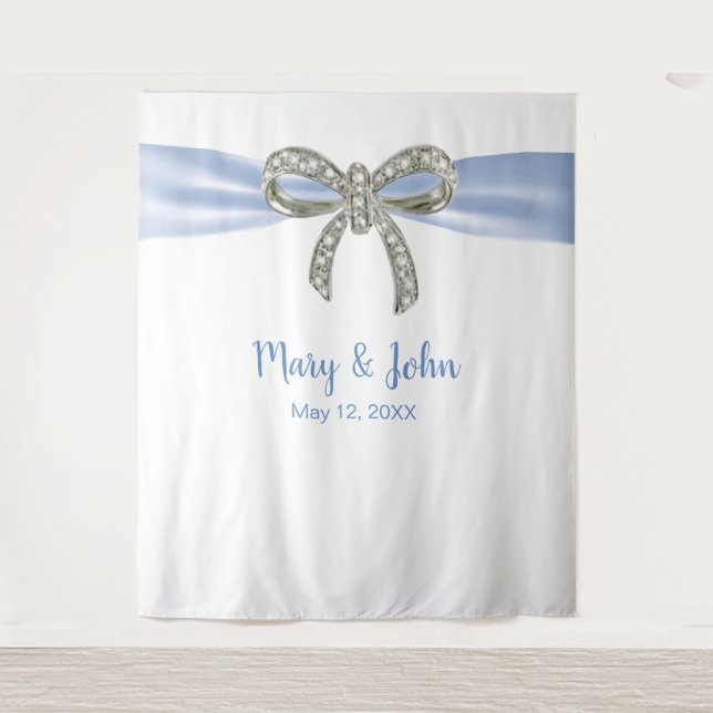 Blue Ribbon Diamond Bow Wedding Backdrop Tapestry (Front)