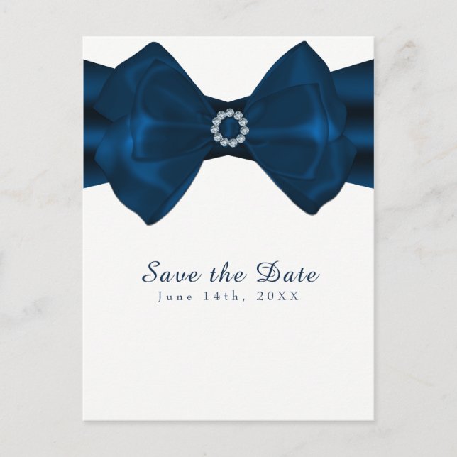 Blue Ribbon & Diamonds Elegant Glam Save the Date Announcement Postcard (Front)