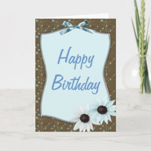Blue Ribbon & Flowers Happy Birthday Card