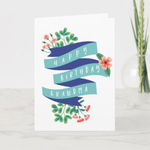 Blue Ribbon & Flowers Happy Birthday Grandma Card