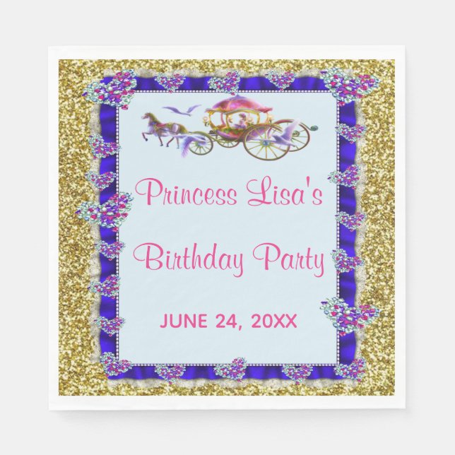 Blue Ribbon Gold Glitter Royal Princess Birthday Napkin (Front)