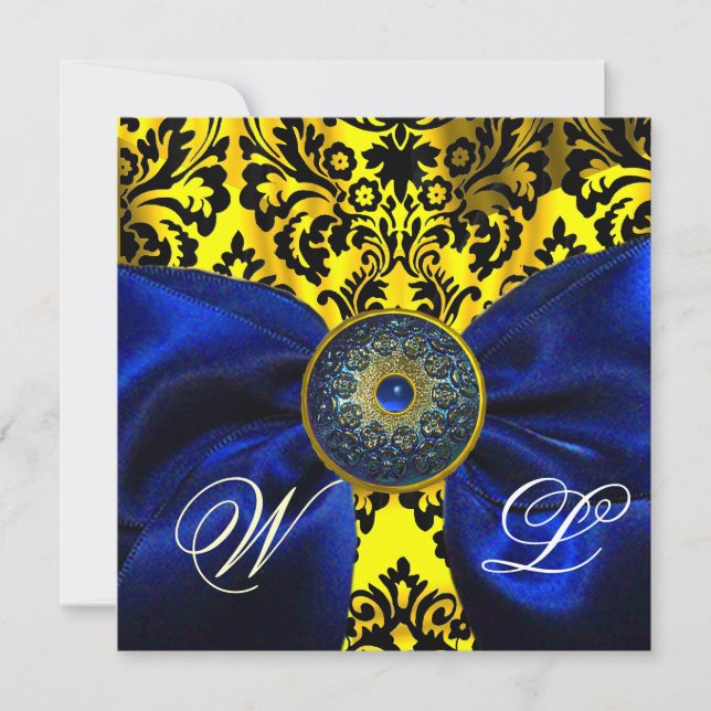 BLUE  RIBBON GOLD YELLOW  BLACK  DAMASK MONOGRAM INVITATION (Front)