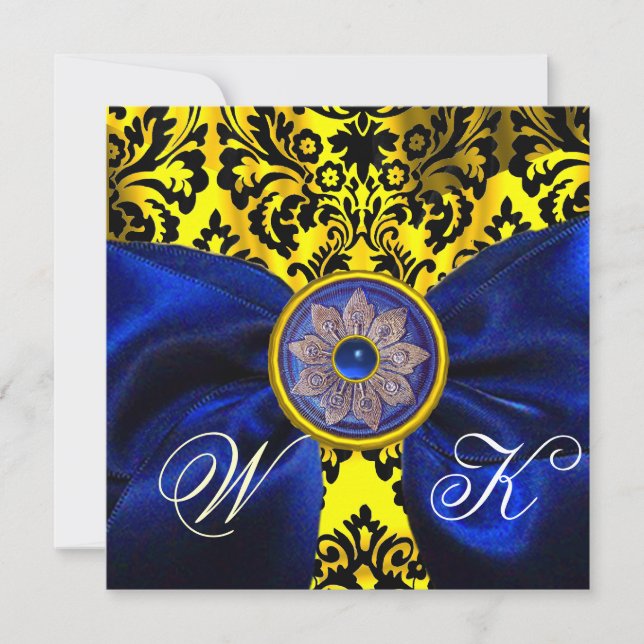 BLUE  RIBBON GOLD YELLOW  BLACK  DAMASK MONOGRAM INVITATION (Front)